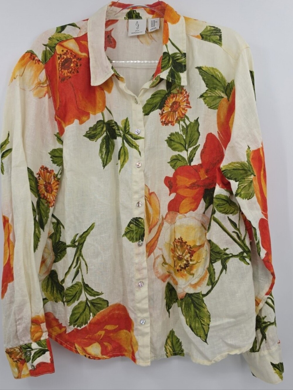 Joie Linen Floral Button Down Shirt XL Cream Orange Long Sleeve